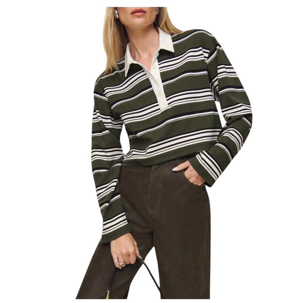 Reformation Anna Rugby Polo Long Sleeve Green Stripe‎ womens size medium